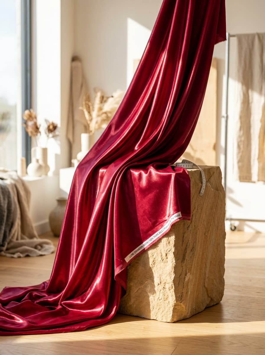 Liquid crimson wine red pure satin fabric drape